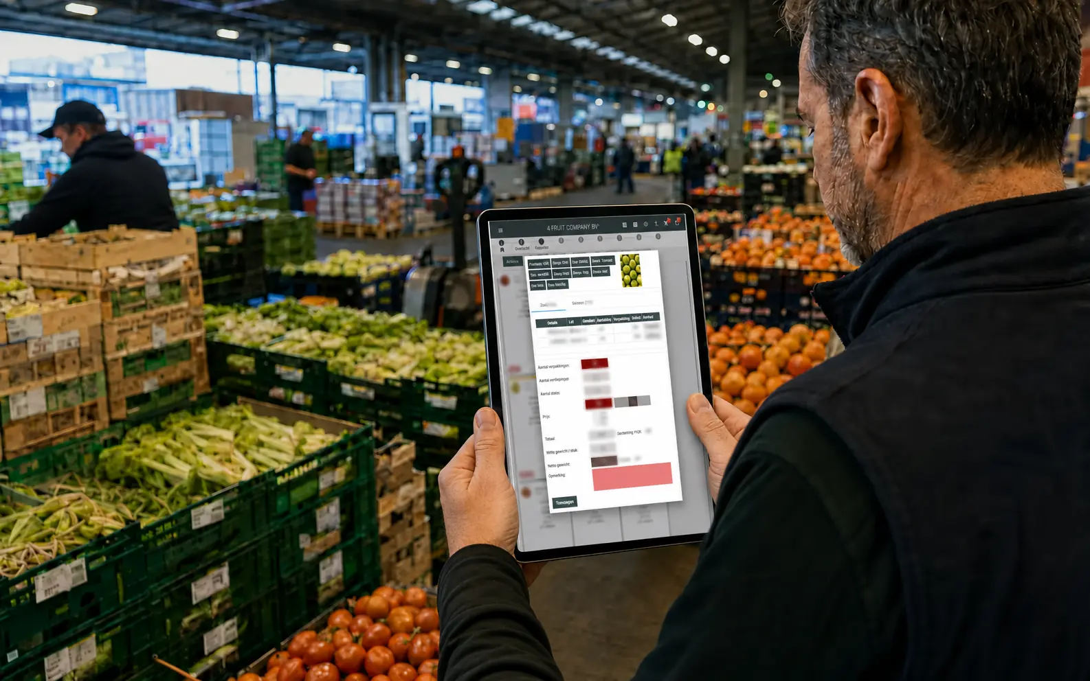 Verkoper gebruikt de mobiele verkoopapp van Ringoot op een iPad op de vroegmarkt